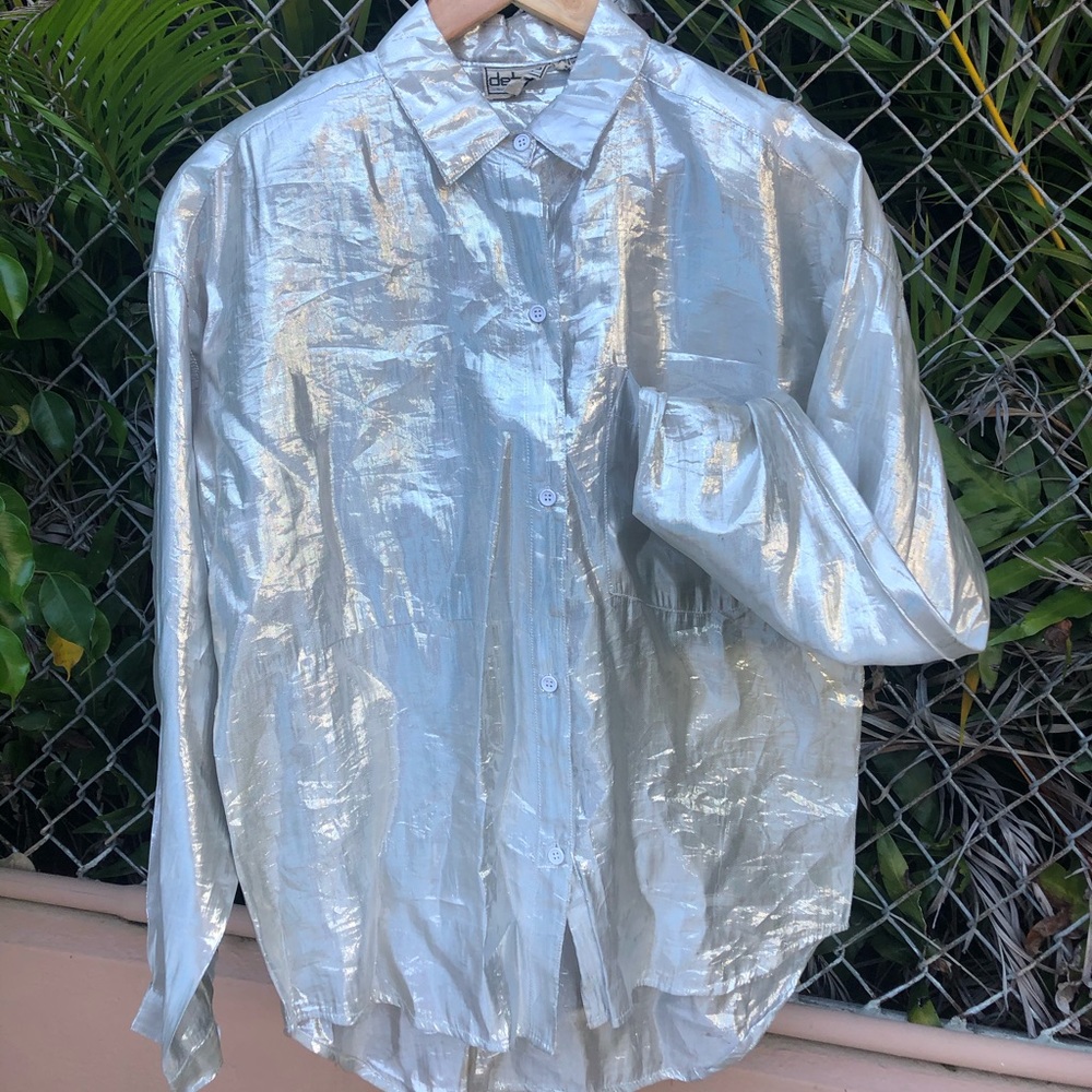 Vintage Bright Silver Button Down Long Sleeve Blouse